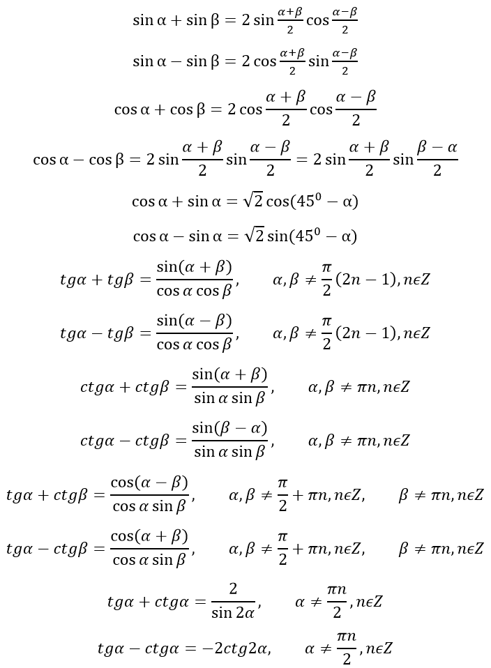 Формулы преобразования суммы и разности тригонометрических функций