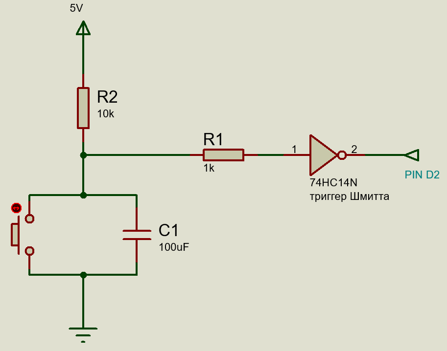 резисторы и конденсатор убрать дребезги кнопки схема
