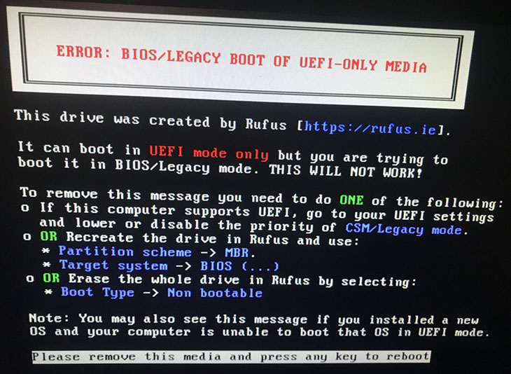 It can boot in UEFI mode only but you are trying to boot